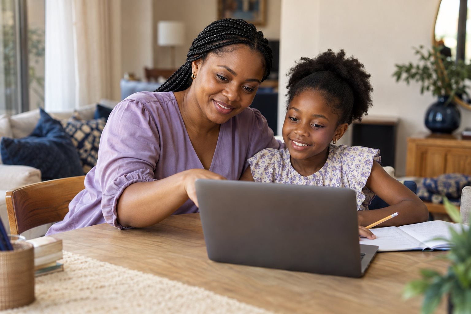 An African mother and daughter sharing a happy learning moment on a laptop at their dining table.